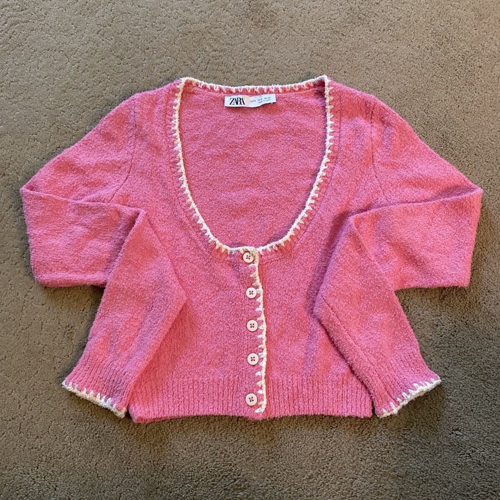 ZARA WOMEN'S PINK TEXTURED KNIT CROPPED CARDIGAN CONTRAST STITCH DETAIL SZ S